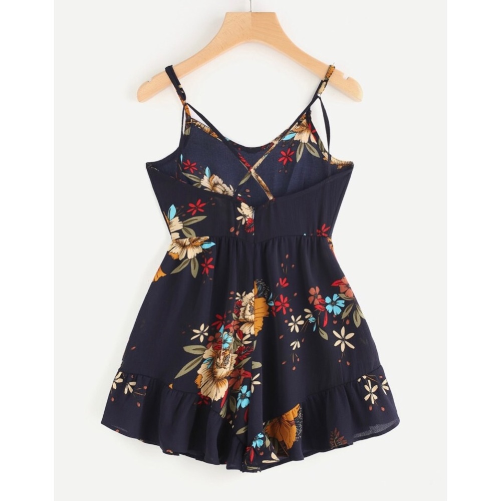 Floral Criss Cross Back Frill Hem Cami Romper - Picture 4 of 5